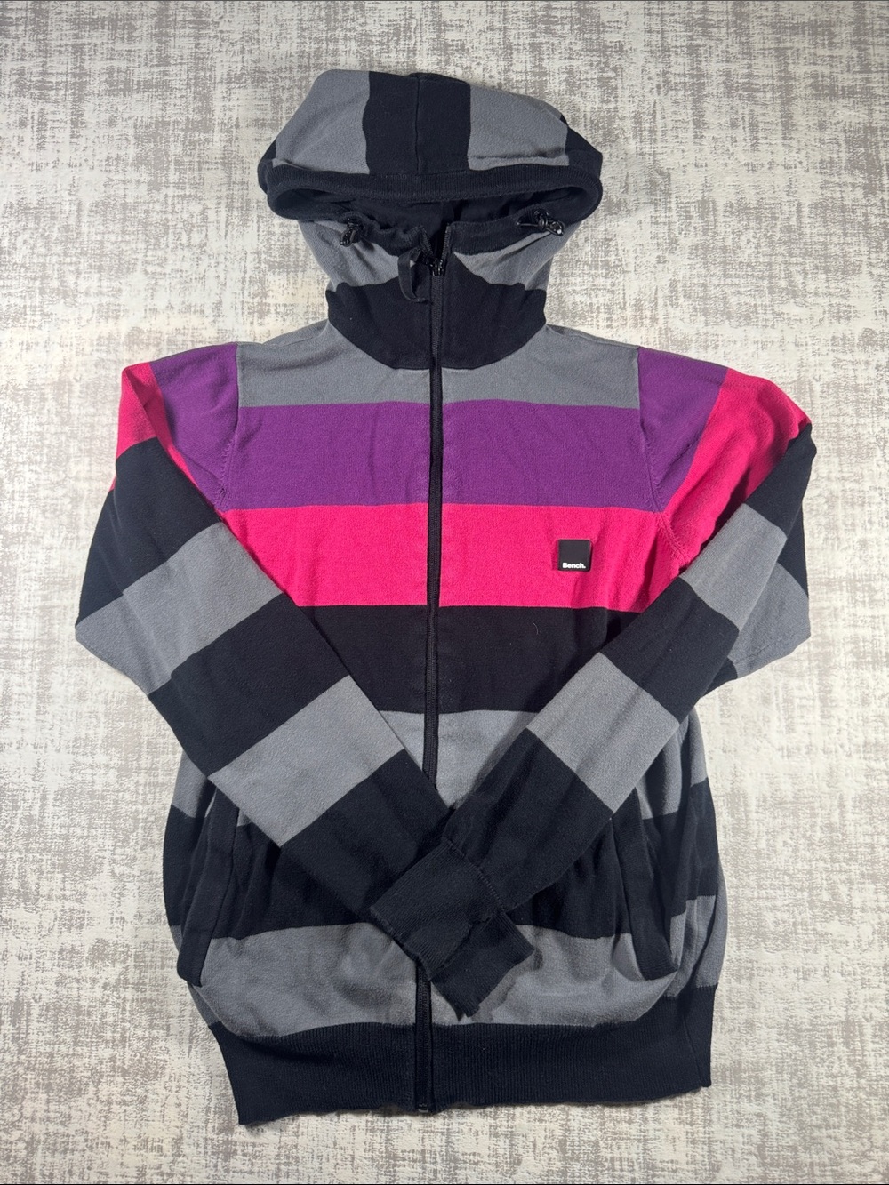 Bench Women’s Hooded Zip Jacket in Pink,Purple & Gray Stripe size Small 25X18PTP